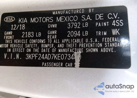 2019 Kia Forte Lxs from USA, damaged, VIN 3KPF24AD7KE073440